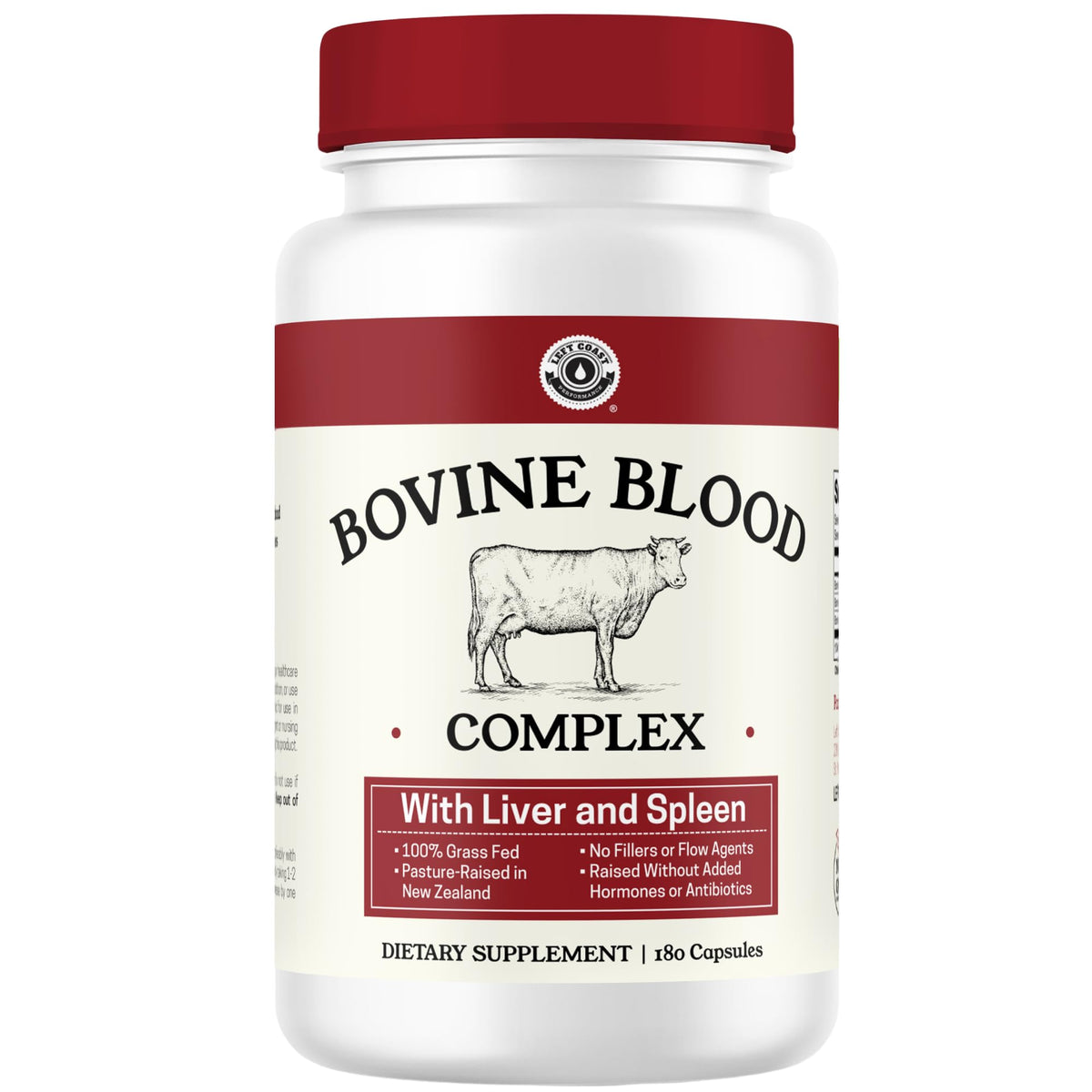 Left Coast Performance bottle front shows grass-fed beef liver blend for daily vitality