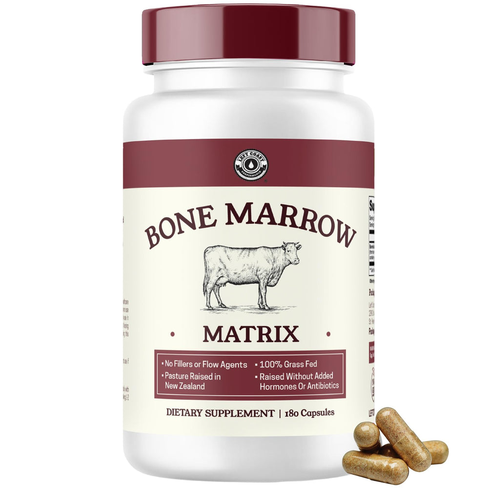 Left Coast Performance bovine bone marrow bottle cap close-up shows quality and packaging for daily use