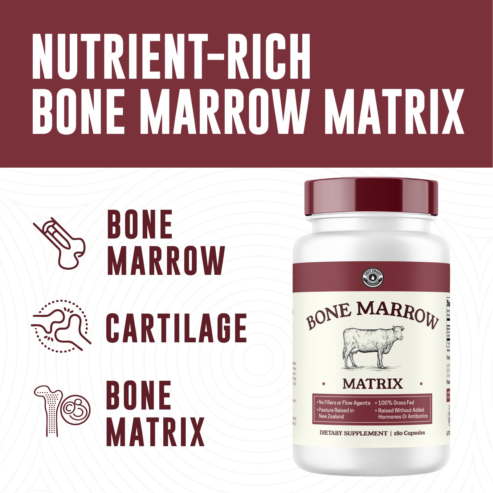 Left Coast Performance bone marrow label detail emphasizes NZ-sourced, grass-fed quality