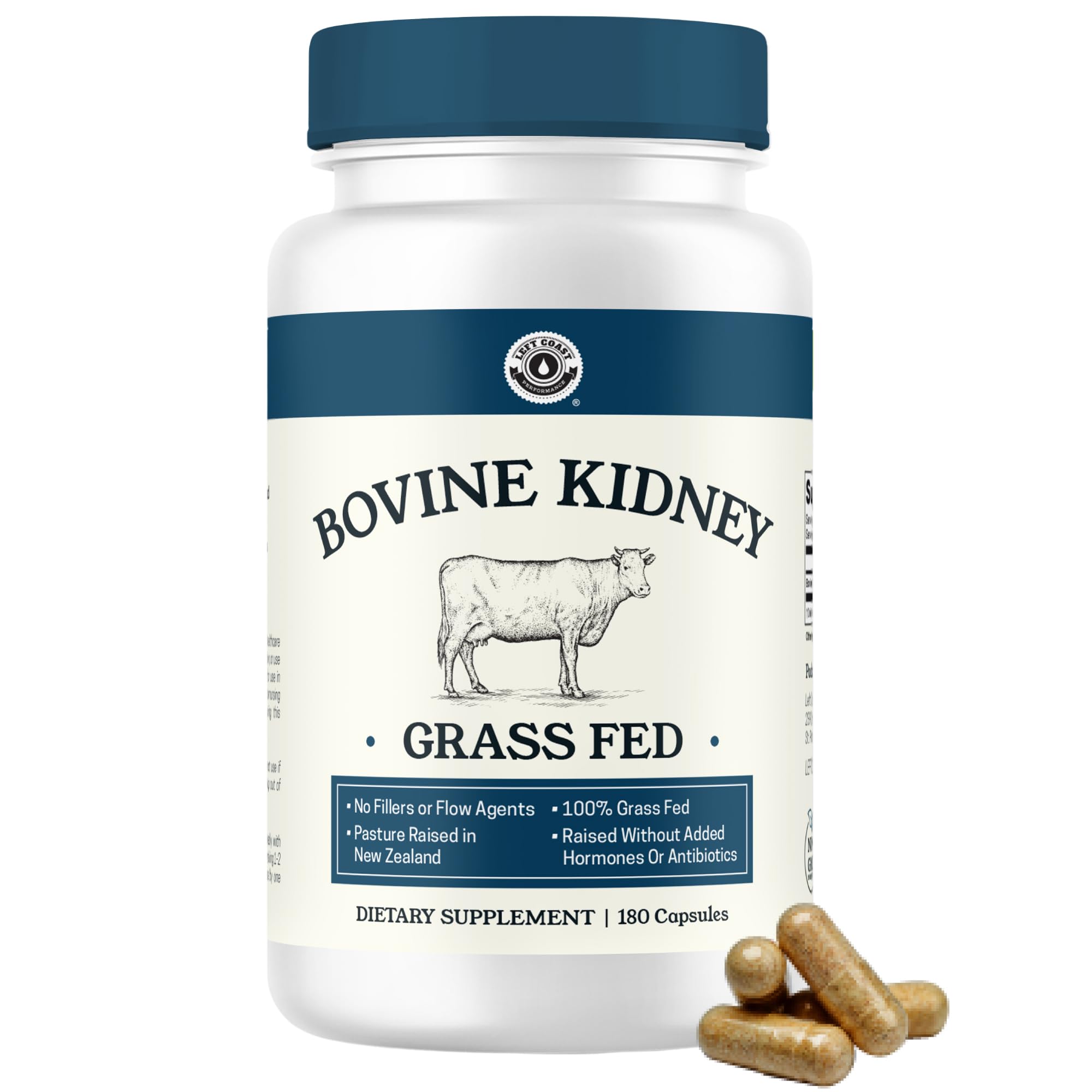 Left Coast Performance grass-fed beef kidney capsules bottle for energy support