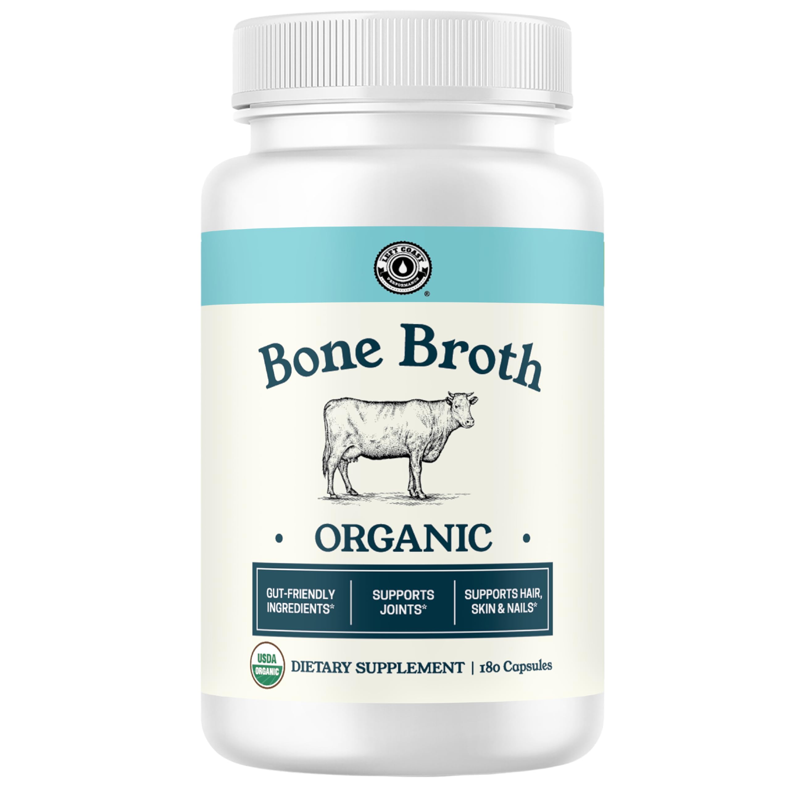 Left Coast Performance grass-fed bone broth capsules in a jar for convenient daily support