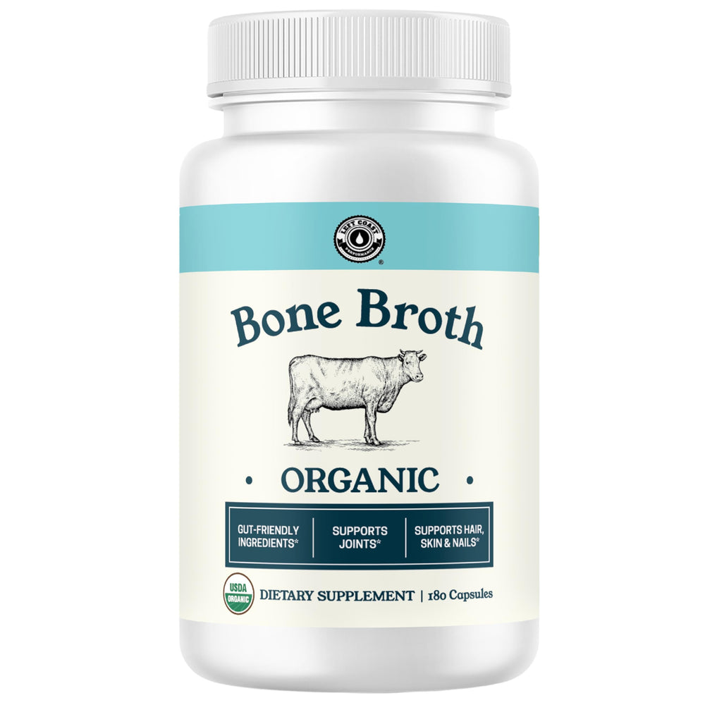 Left Coast Performance grass-fed bone broth capsules in a jar for convenient daily support
