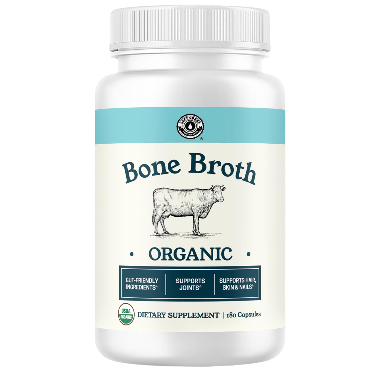 Left Coast Performance grass-fed bone broth capsules in a jar for convenient daily support