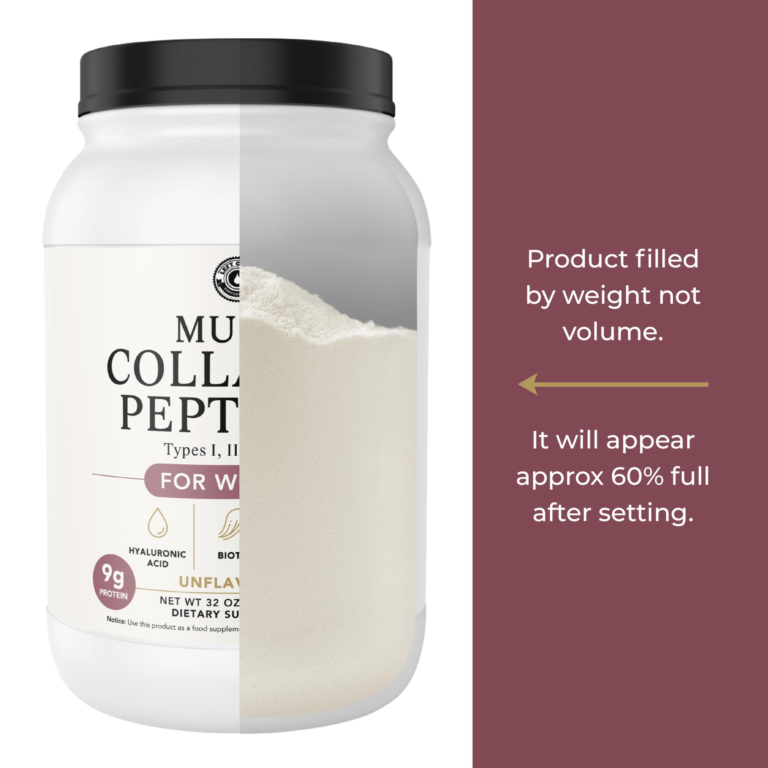 Left Coast Performance grass-fed collagen peptides emphasize premium quality.