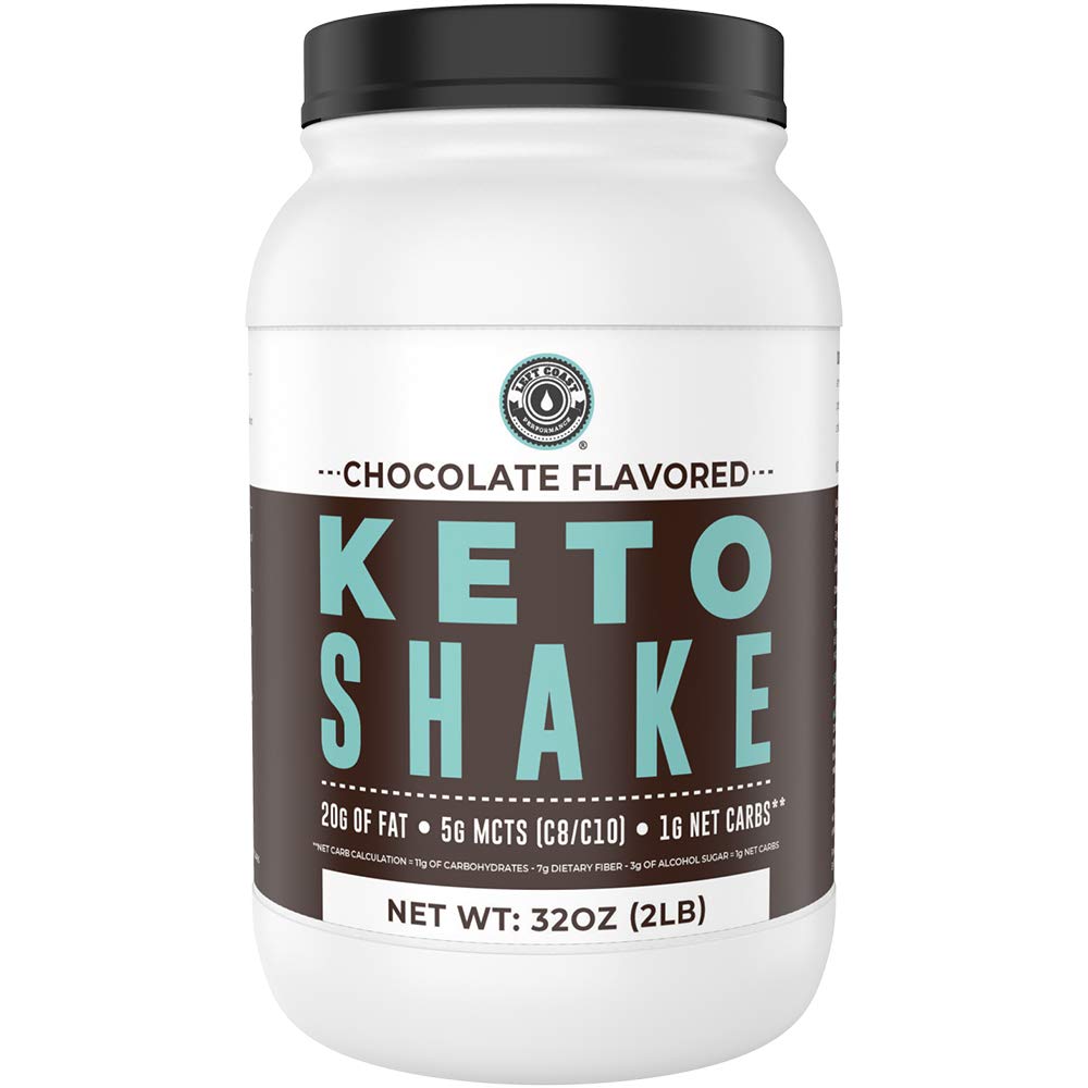 Left Coast Performance Keto Chocolate Shake packaging for convenient meal replacement.
