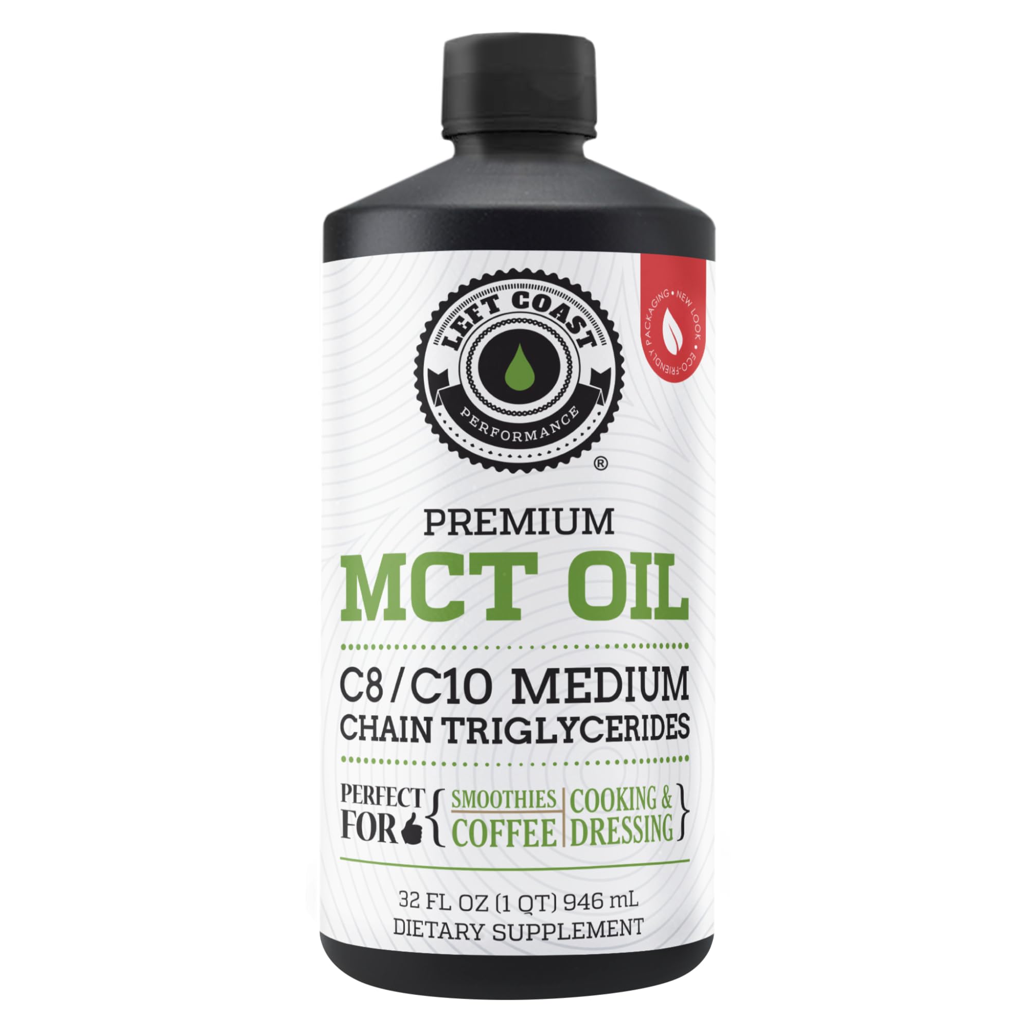 Left Coast Performance MCT oil liquid bottle for sustained energy.