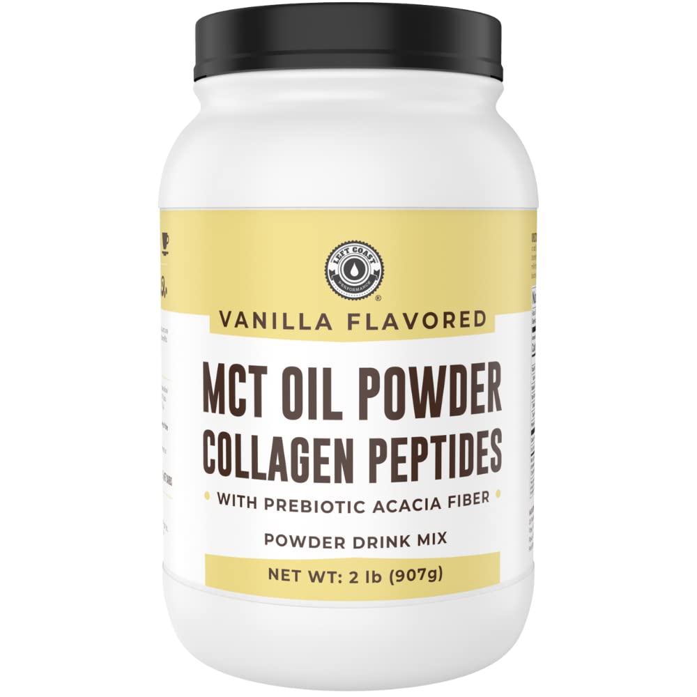 Left Coast Performance MCT Oil Powder bottle showcases a keto-friendly energy option.