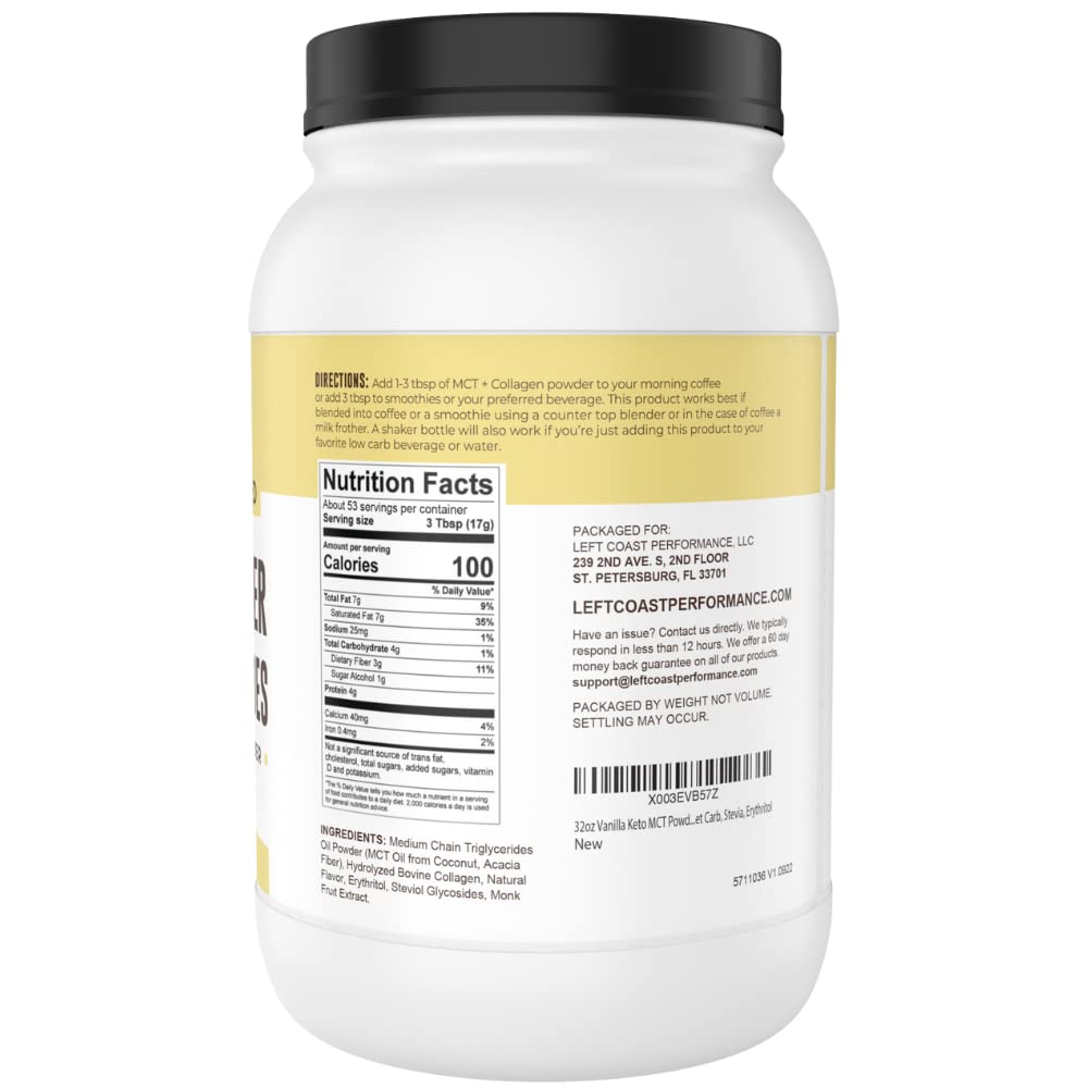 Left Coast Performance MCT label highlights vanilla flavor and zero sugar.