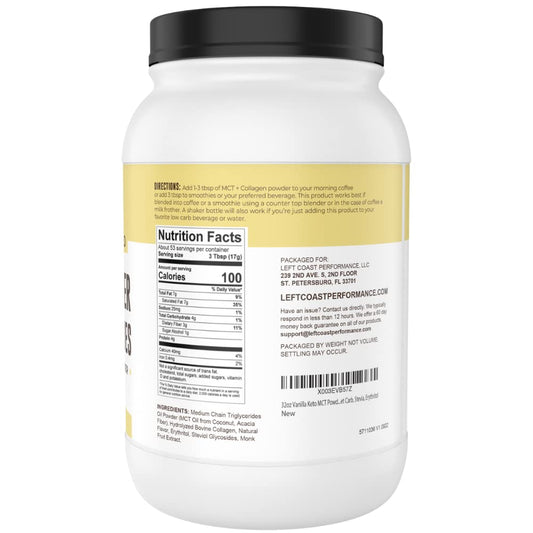 Left Coast Performance MCT label highlights vanilla flavor and zero sugar.