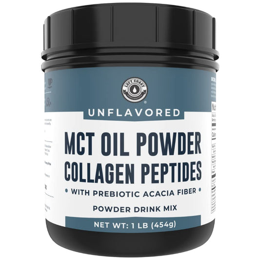 Left Coast Performance MCT Oil Powder packaging with label, highlighting coconut-derived MCTs for energy support.
