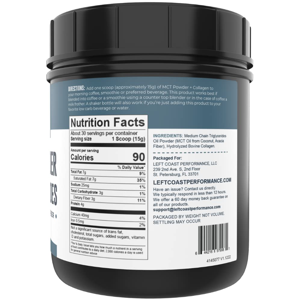 Left Coast Performance MCT Oil Powder scoop beside container for quick keto servings.