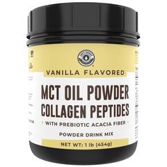 Left Coast Performance MCT Oil Powder vanilla bottle for clean energy in coffee.