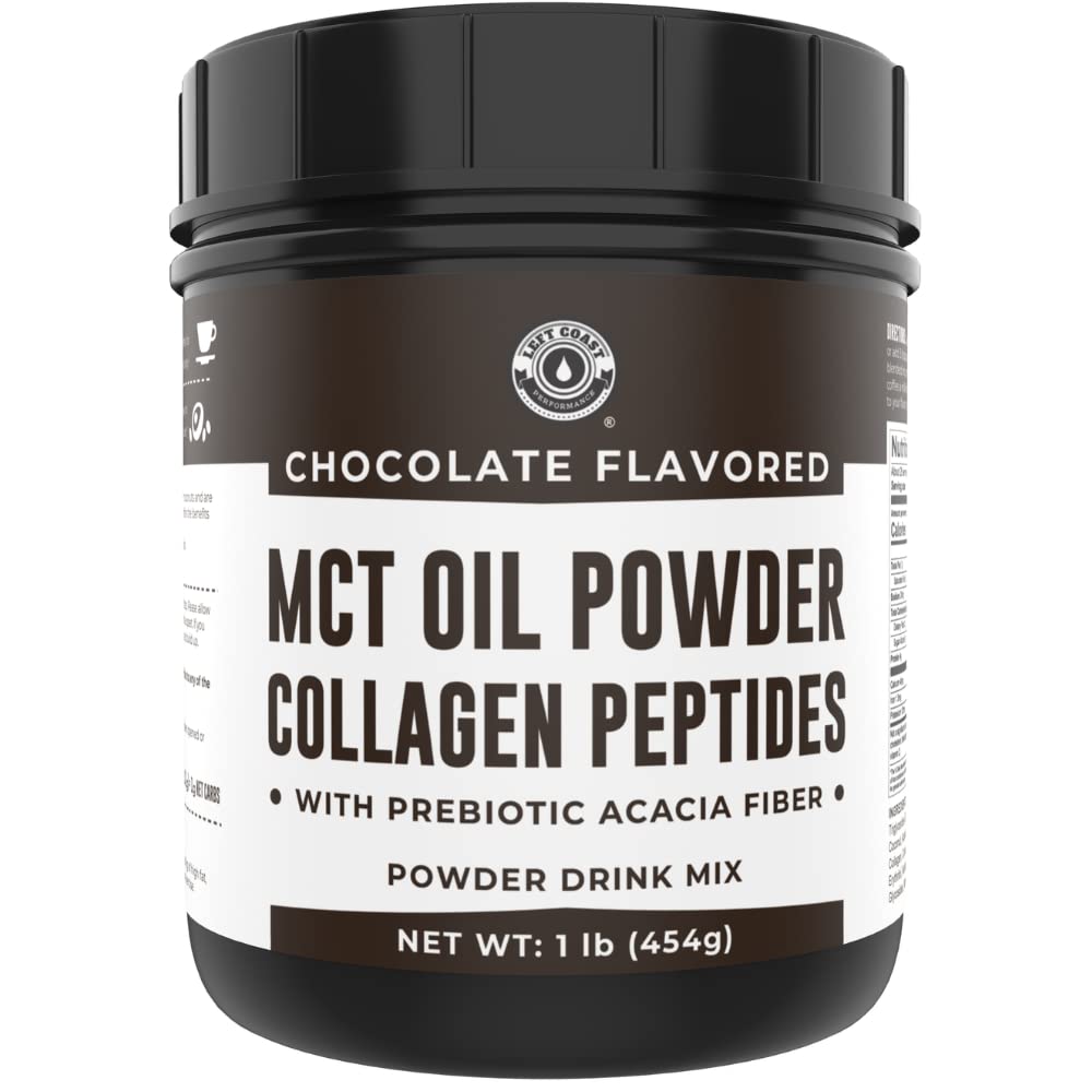 Left Coast Performance MCT powder jar with chocolate flavor and fiber blend.