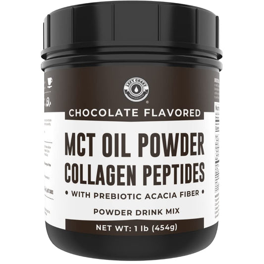 Left Coast Performance MCT powder jar with chocolate flavor and fiber blend.
