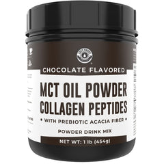 Left Coast Performance MCT powder jar with chocolate flavor and fiber blend.