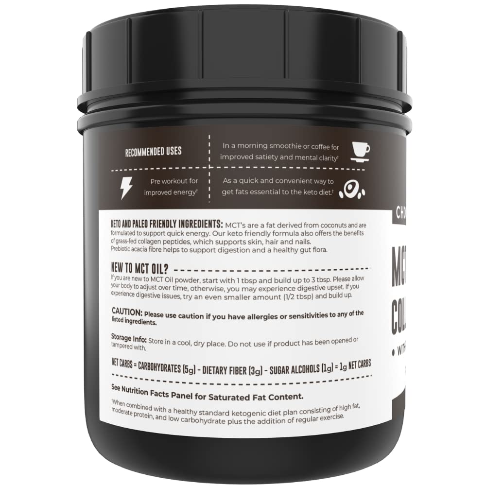 Chocolate flavor packaging of Left Coast Performance MCT powder showing gluten-free formula.