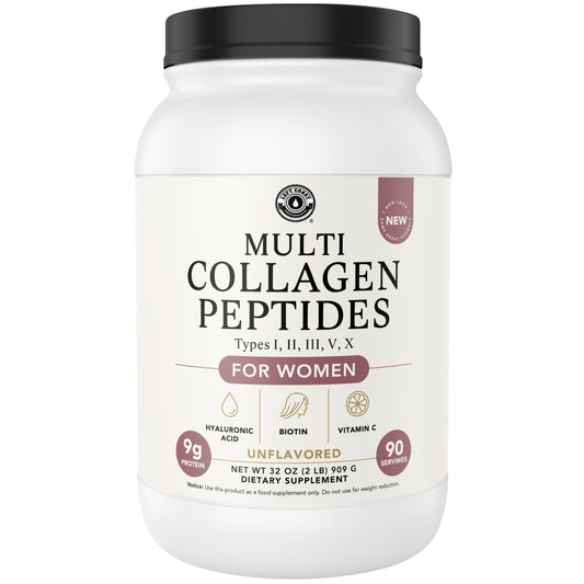 Left Coast Performance multi collagen jar front shows value-size packaging for joints and skin.