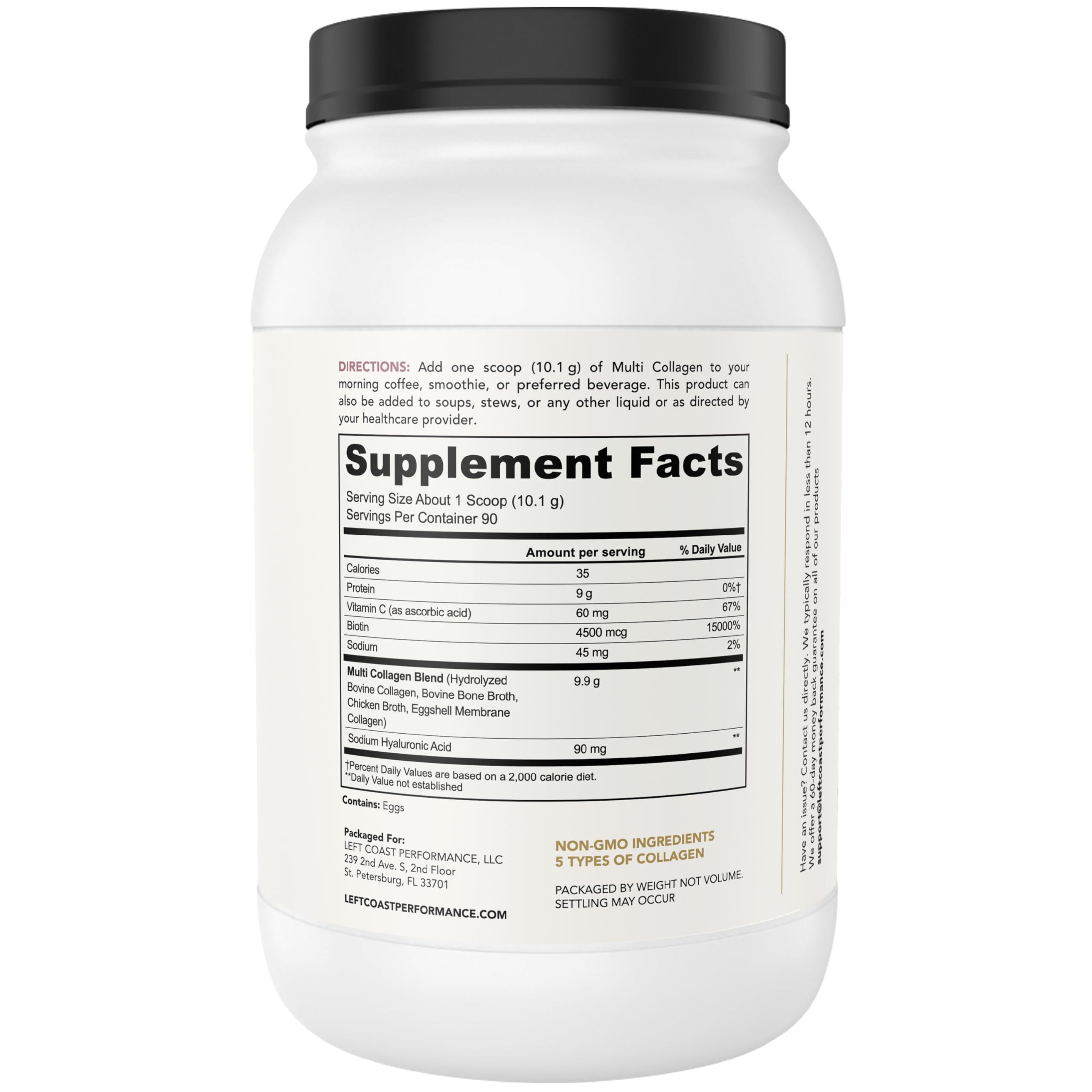 Left Coast Performance nutrition panel highlights per-serving information and ingredients.