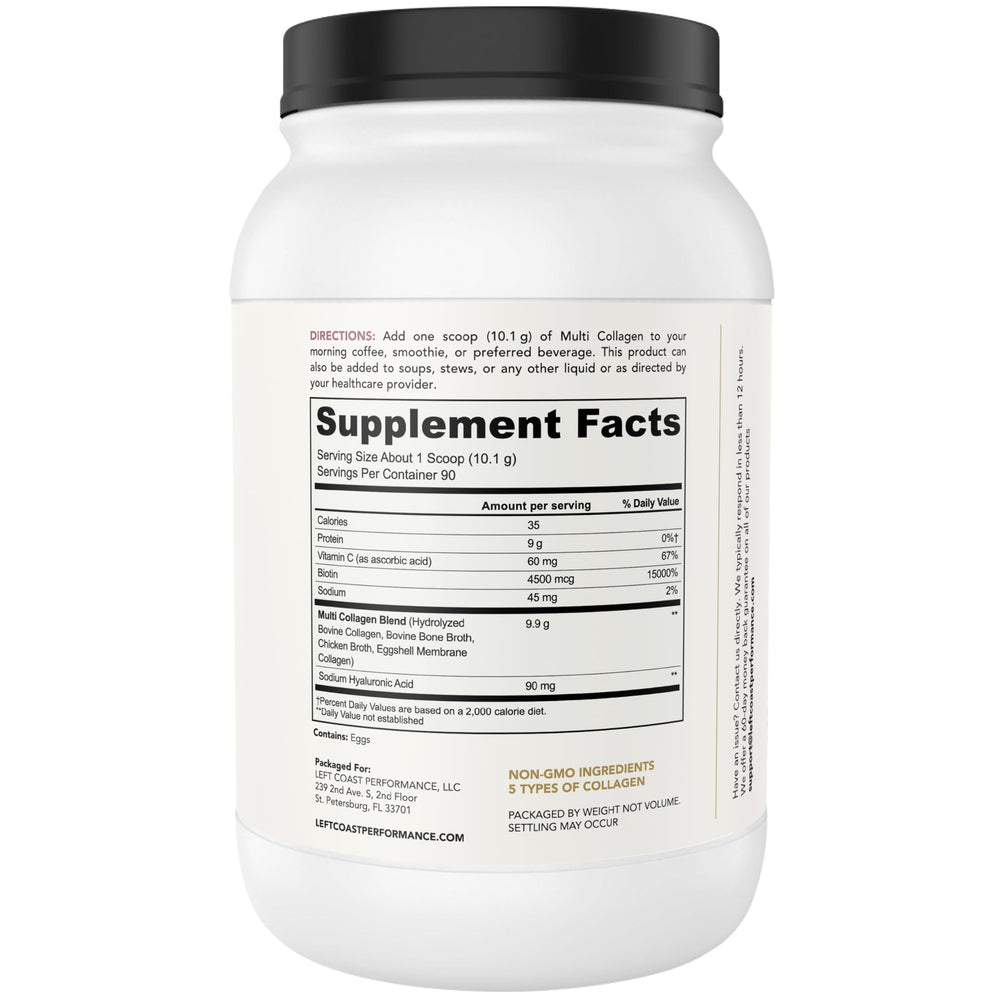 Left Coast Performance nutrition panel highlights per-serving information and ingredients.