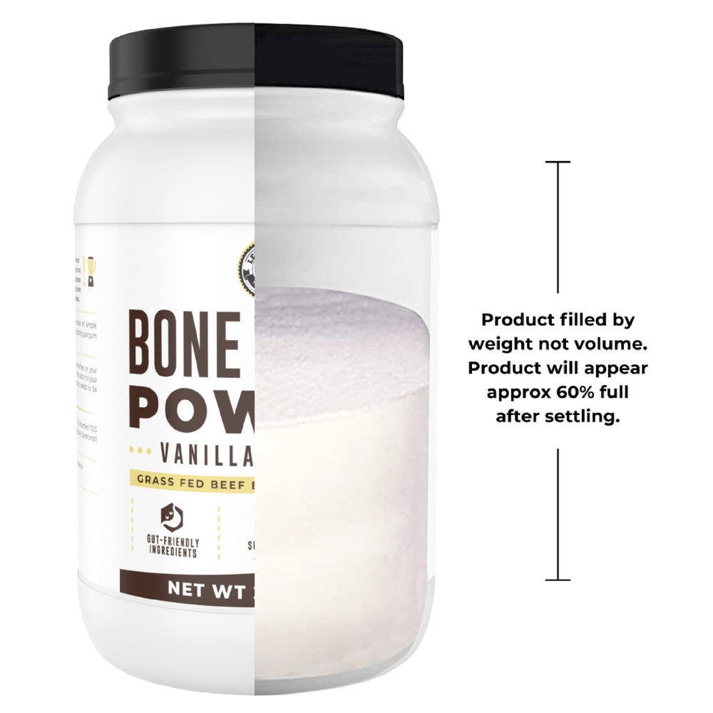 Left Coast Performance vanilla bone broth powder label close-up highlighting non-GMO and grass-fed ingredients