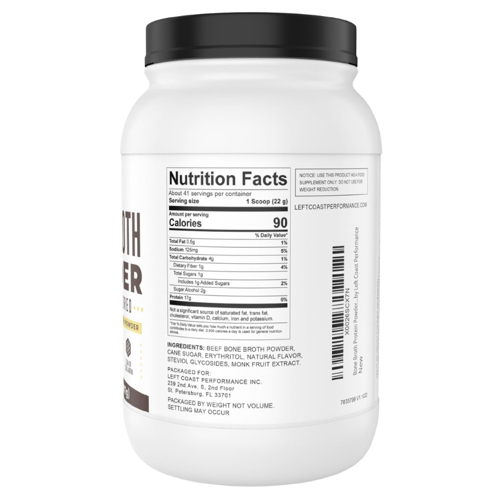 Left Coast Performance vanilla bone broth powder scoop in glass for smooth shake