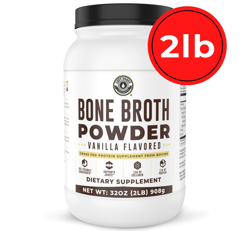 Left Coast Performance vanilla bone broth powder mixed in a glass ready to sip
