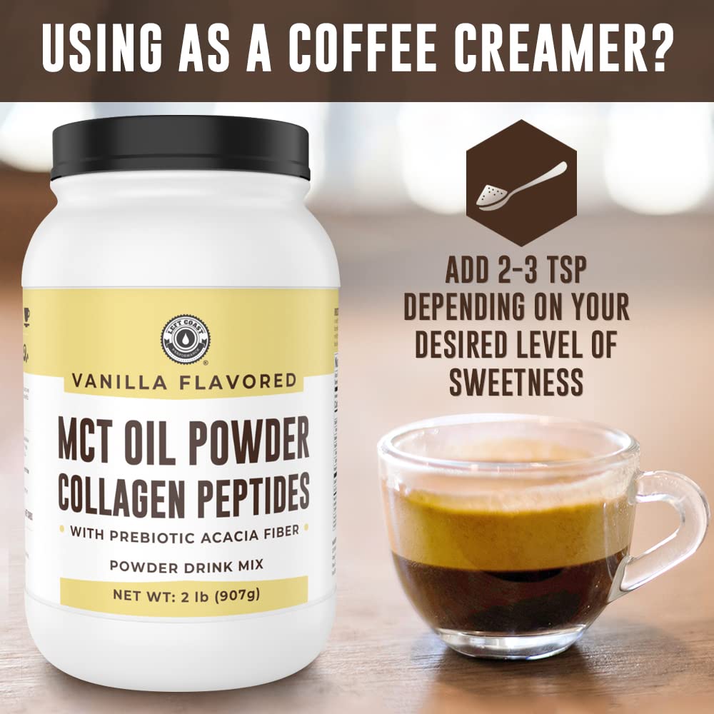 Left Coast Performance vanilla flavor powder swirls in a coffee cup.