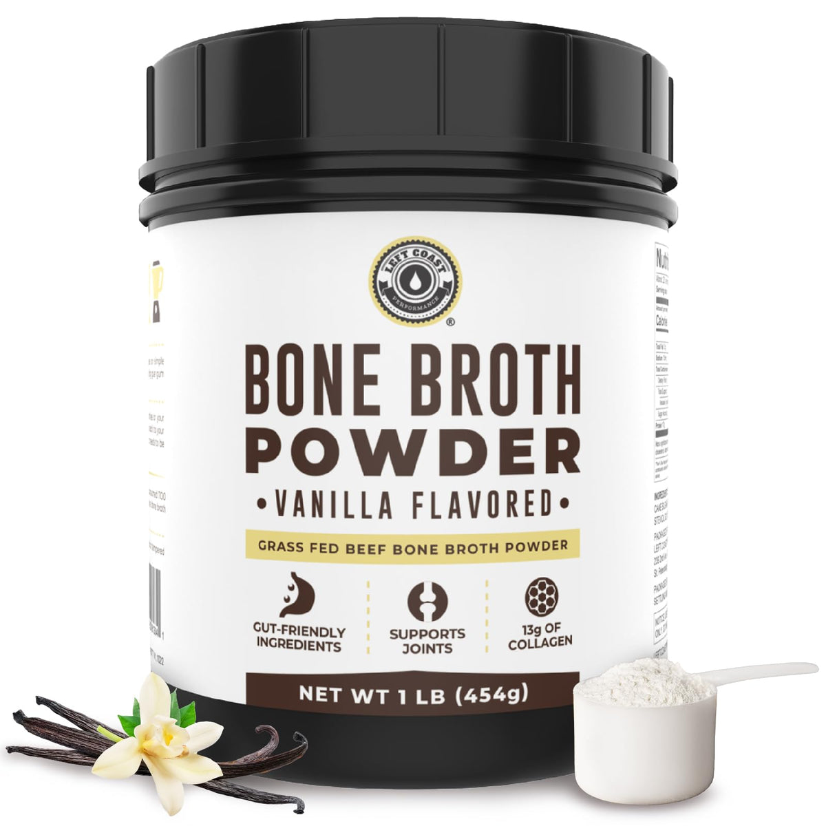 Left Coast Vanilla Bone Broth Protein Powder jar showing vanilla flavor and protein boost.