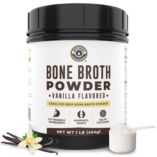 Left Coast Vanilla Bone Broth Protein Powder jar showing vanilla flavor and protein boost.