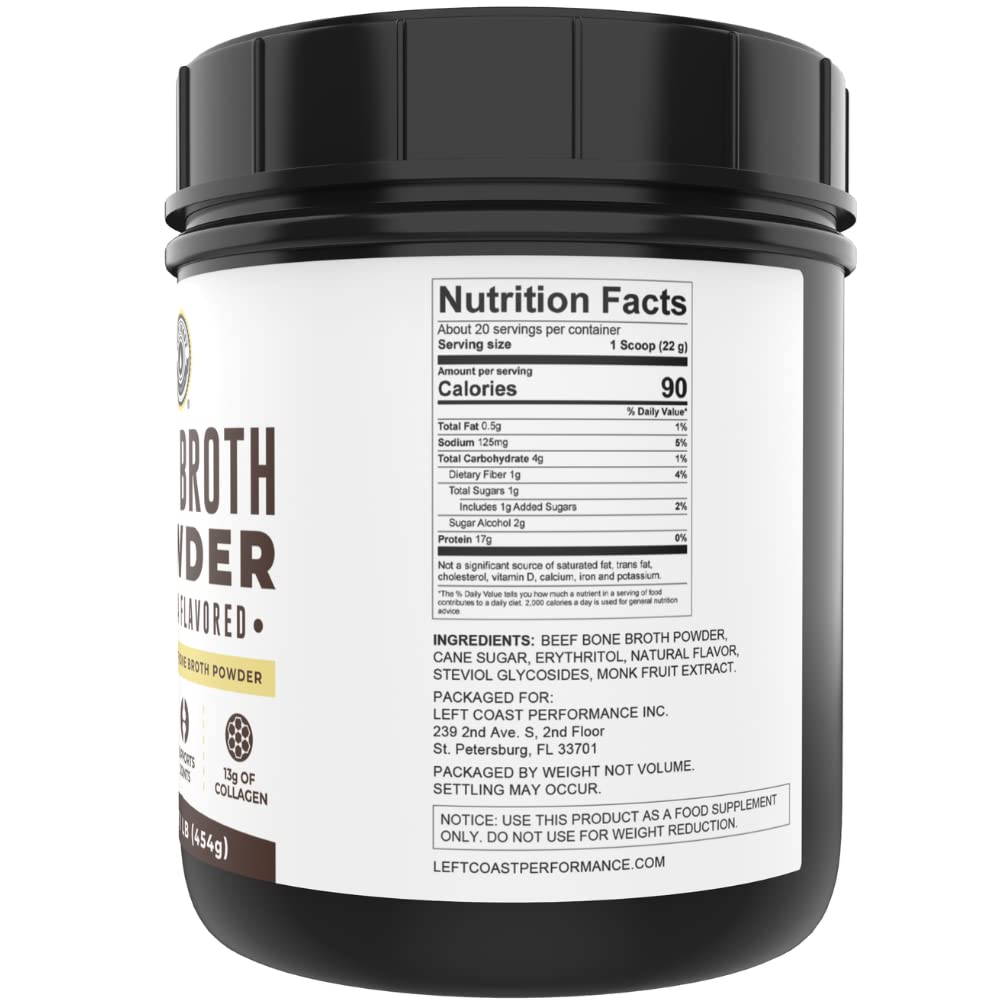 Left Coast Vanilla Bone Broth Protein Powder scoop for easy blending in shakes.
