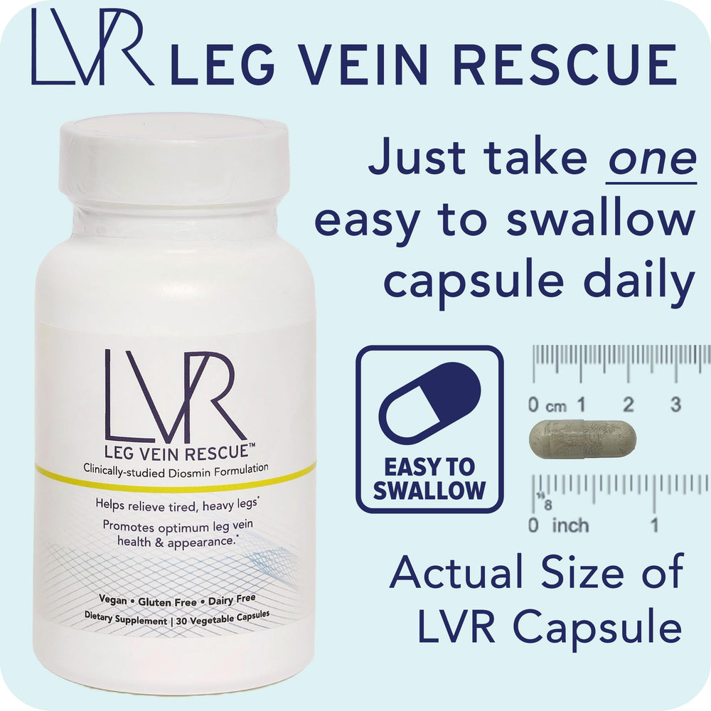 LEG VEIN RESCUE diosmin capsules in hand suggesting on-the-go daily use