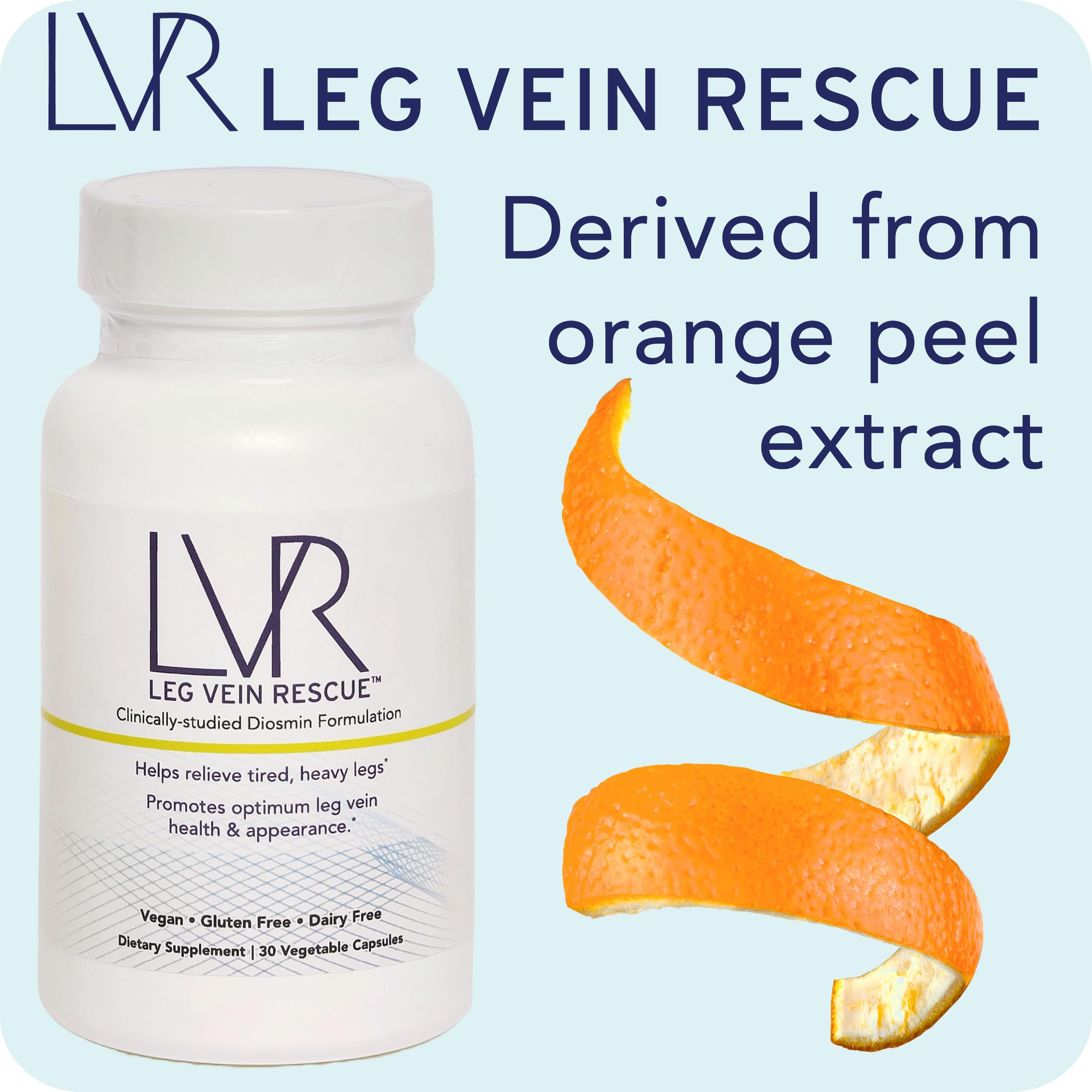 LEG VEIN RESCUE diosmin bottle beside leg-stretch lifestyle image
