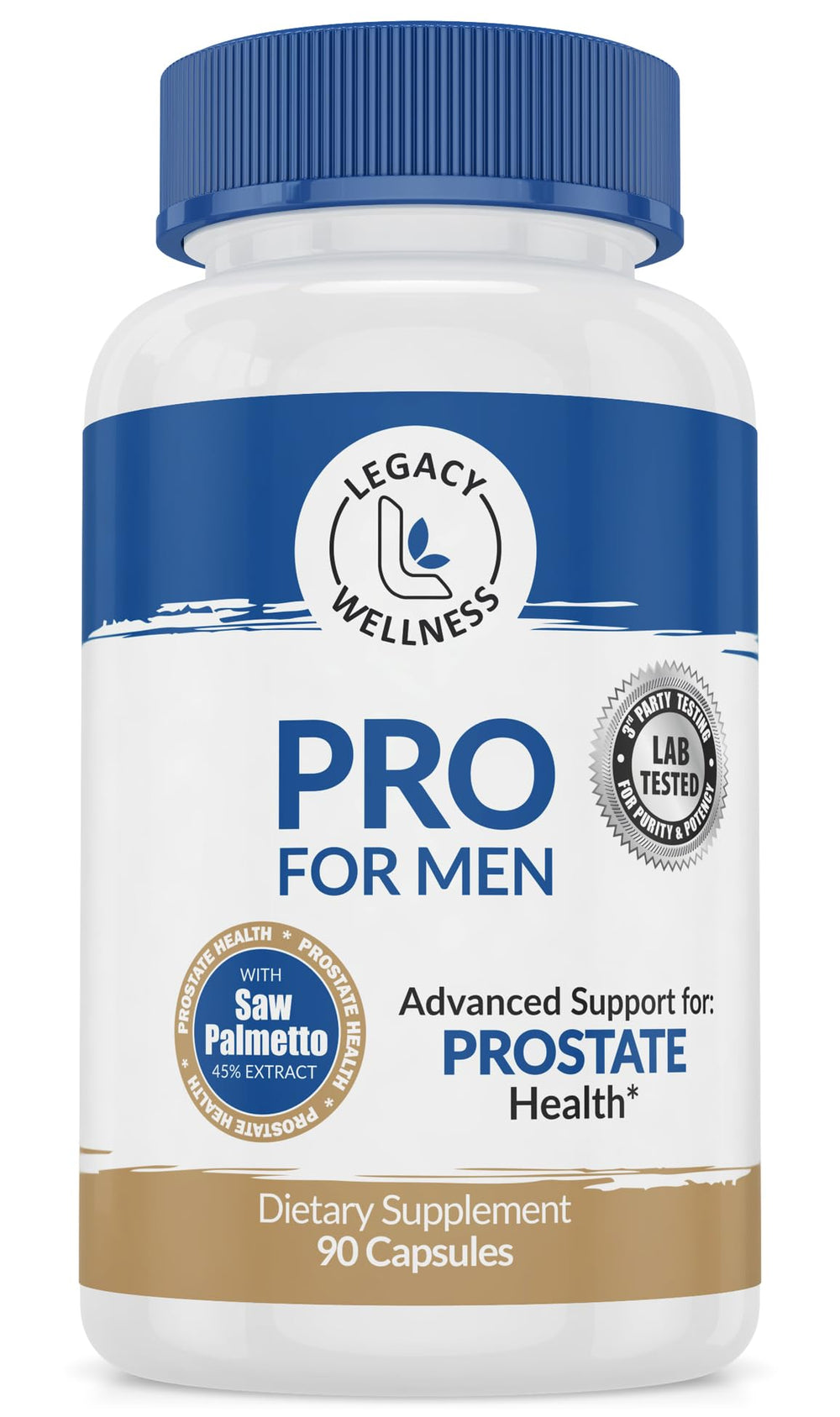 LegacyNutra PRO bottle front with daily prostate support capsules for comfortable urination.