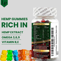 Legend hemp gummies organic ingredients panel highlights natural nutrients vegan non-GMO