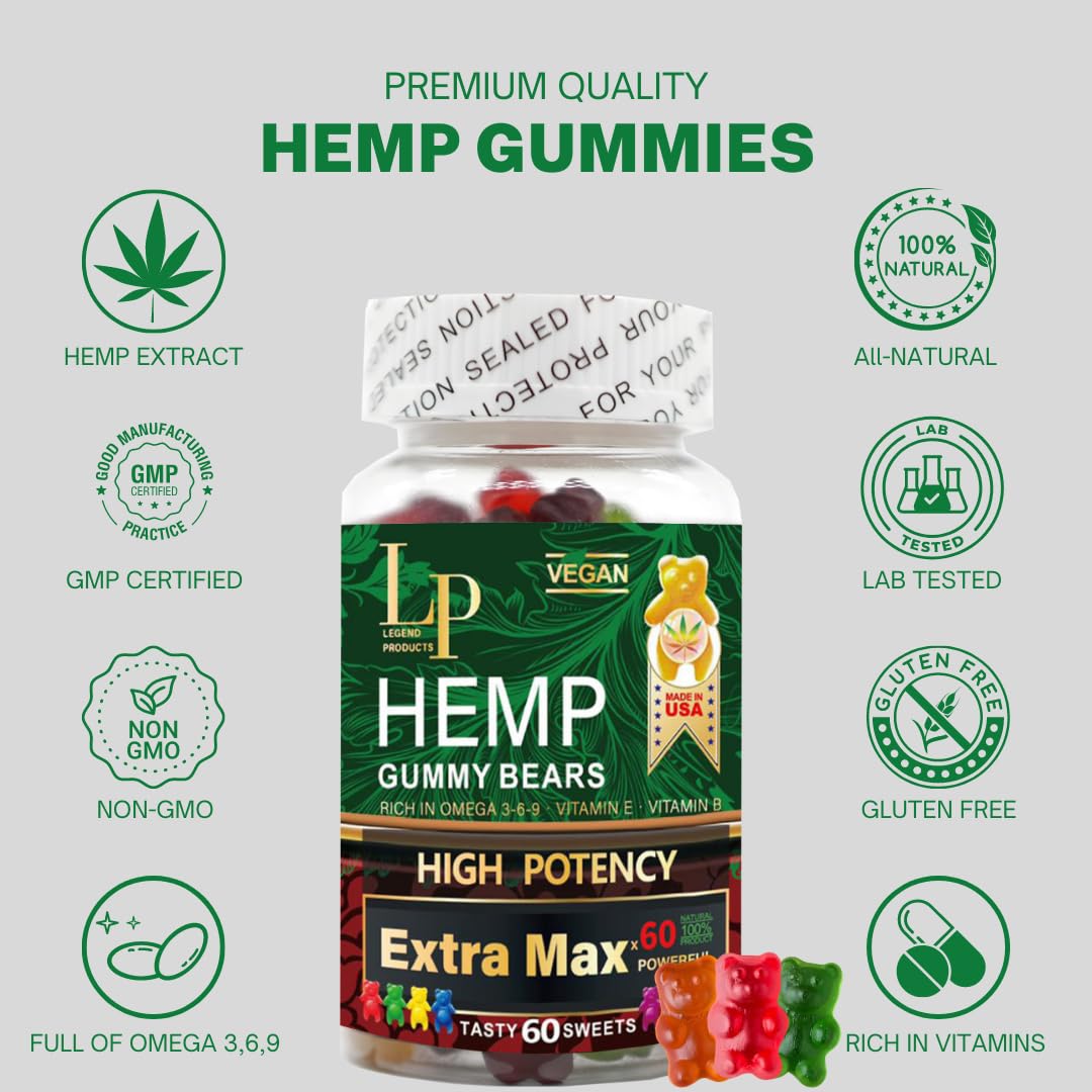 Legend hemp gummies packaging with US-made GMP label emphasizes quality and safety