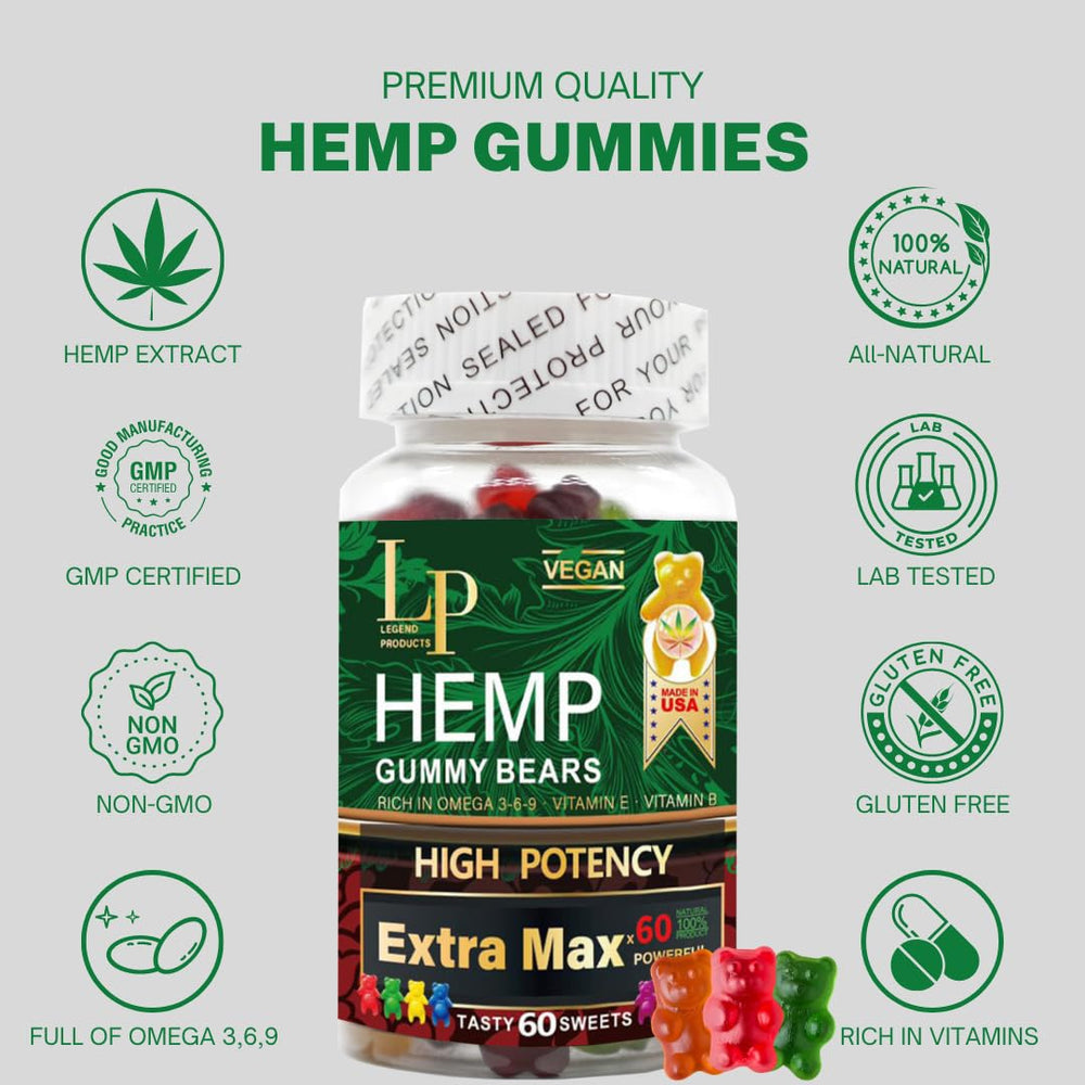 Legend hemp gummies packaging with US-made GMP label emphasizes quality and safety