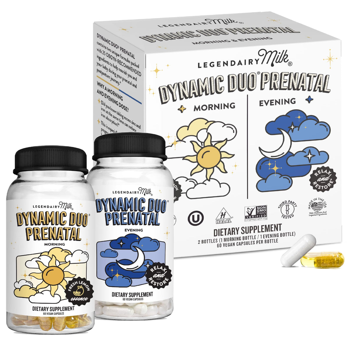 Legendairy Milk Dynamic Duo prenatal bottle with AM/PM vitamins for daily nourishment.
