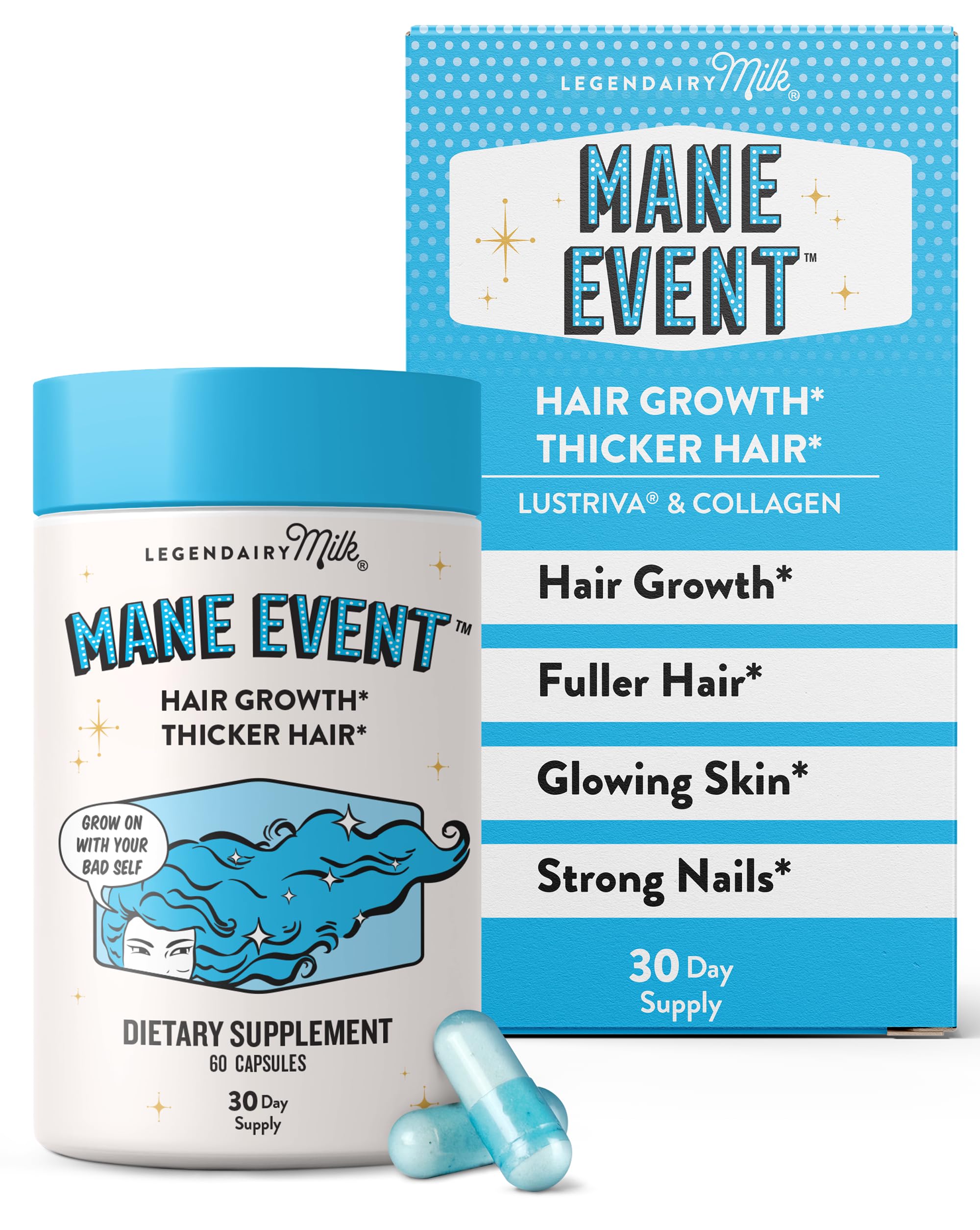 Legendairy Milk Mane Event capsules for hair growth and fuller-looking hair.