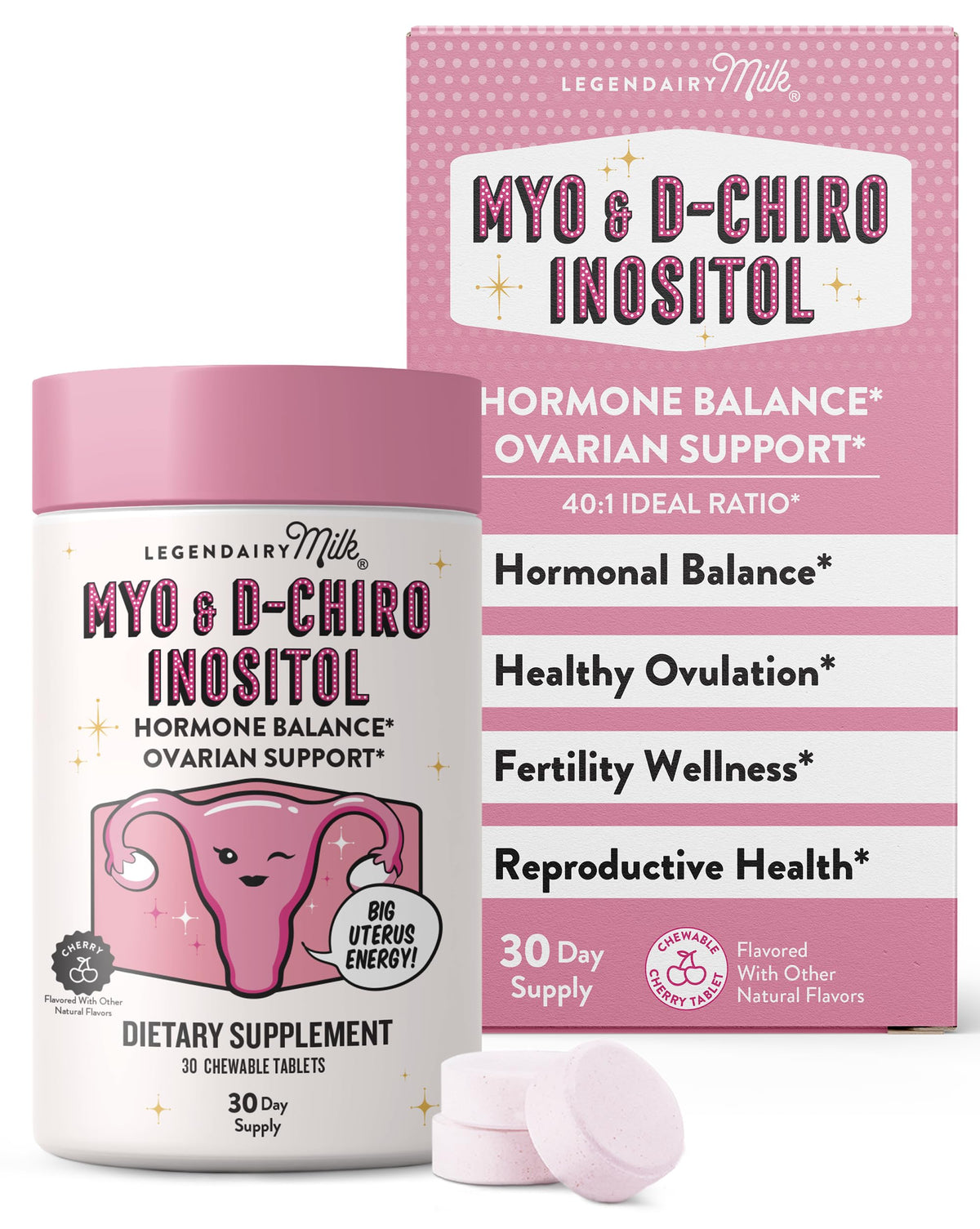Legendairy Milk Myo-Inositol and D-Chiro Inositol chewable tablets close-up highlighting daily hormone balance support