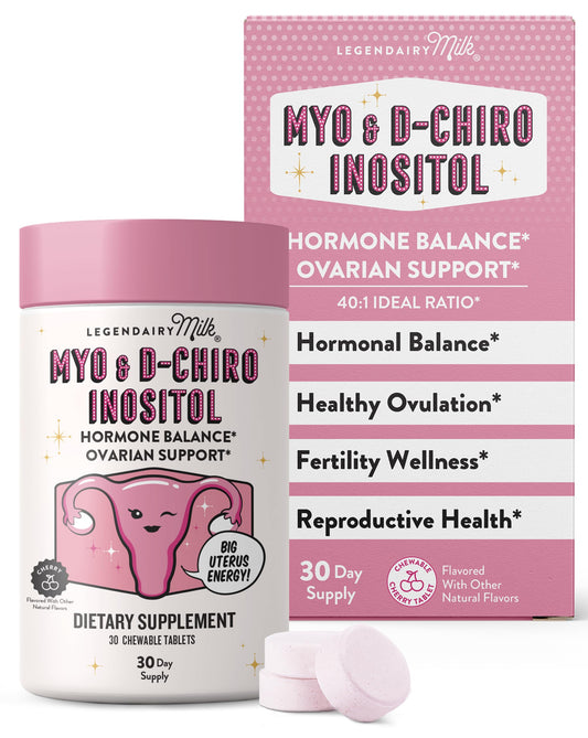 Legendairy Milk Myo-Inositol and D-Chiro Inositol chewable tablets close-up highlighting daily hormone balance support