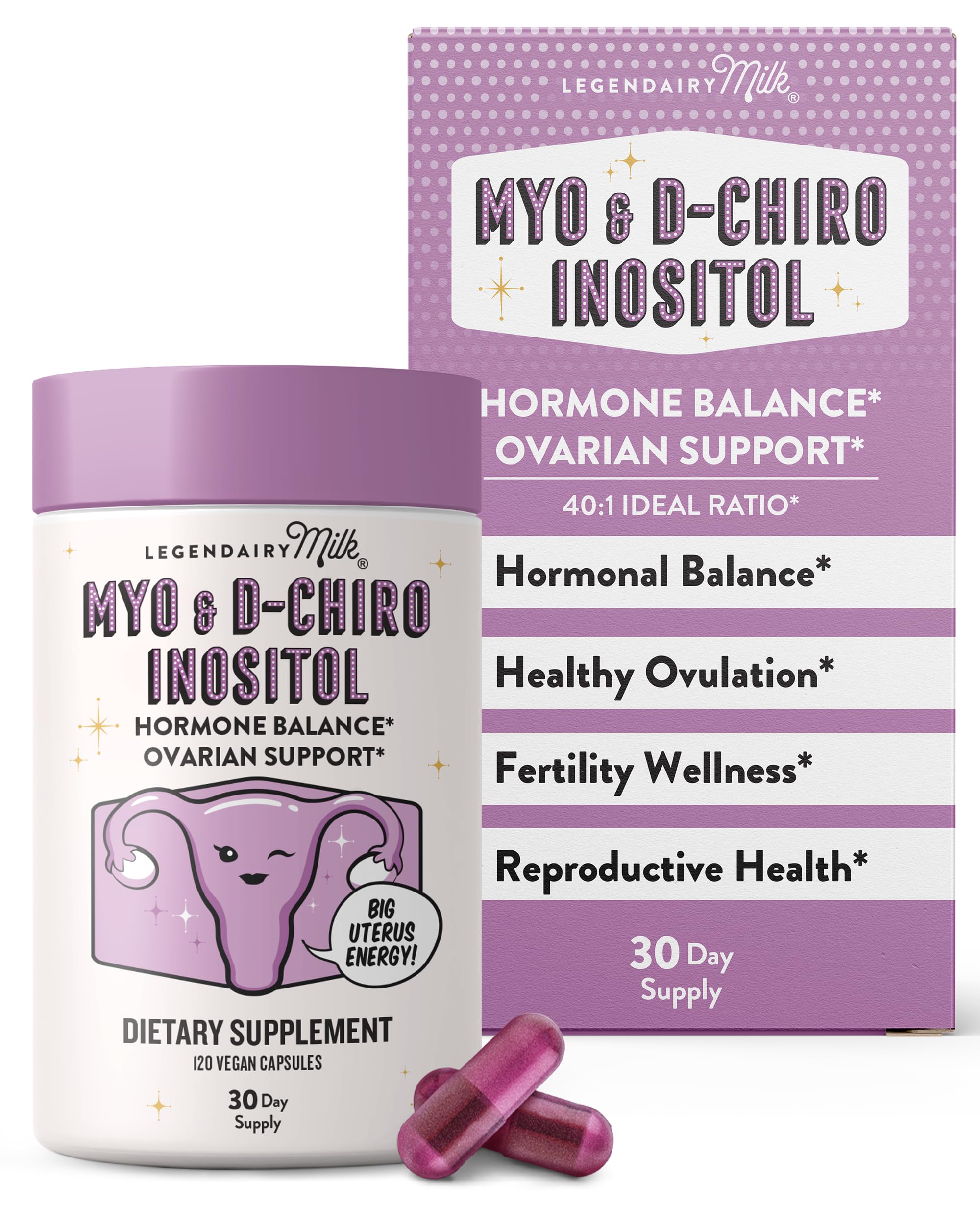 Legendairy Milk Pure Inositol bottle pouring capsules for daily hormone balance support.