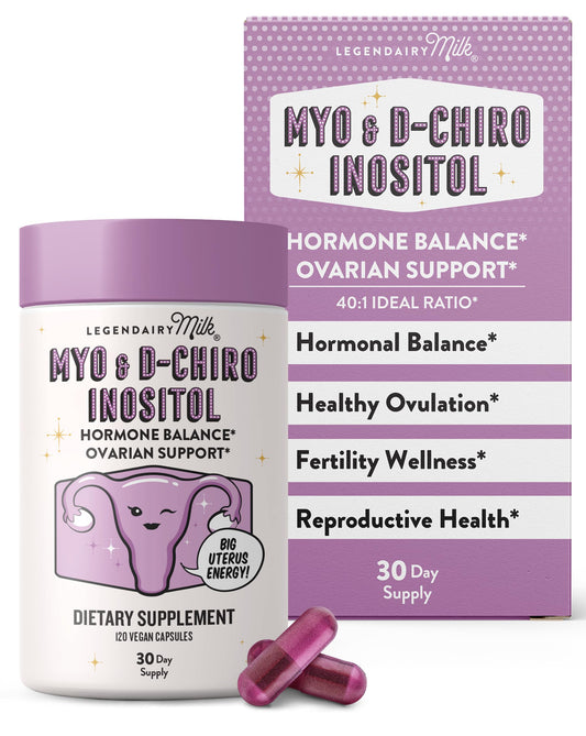 Legendairy Milk Pure Inositol bottle pouring capsules for daily hormone balance support.