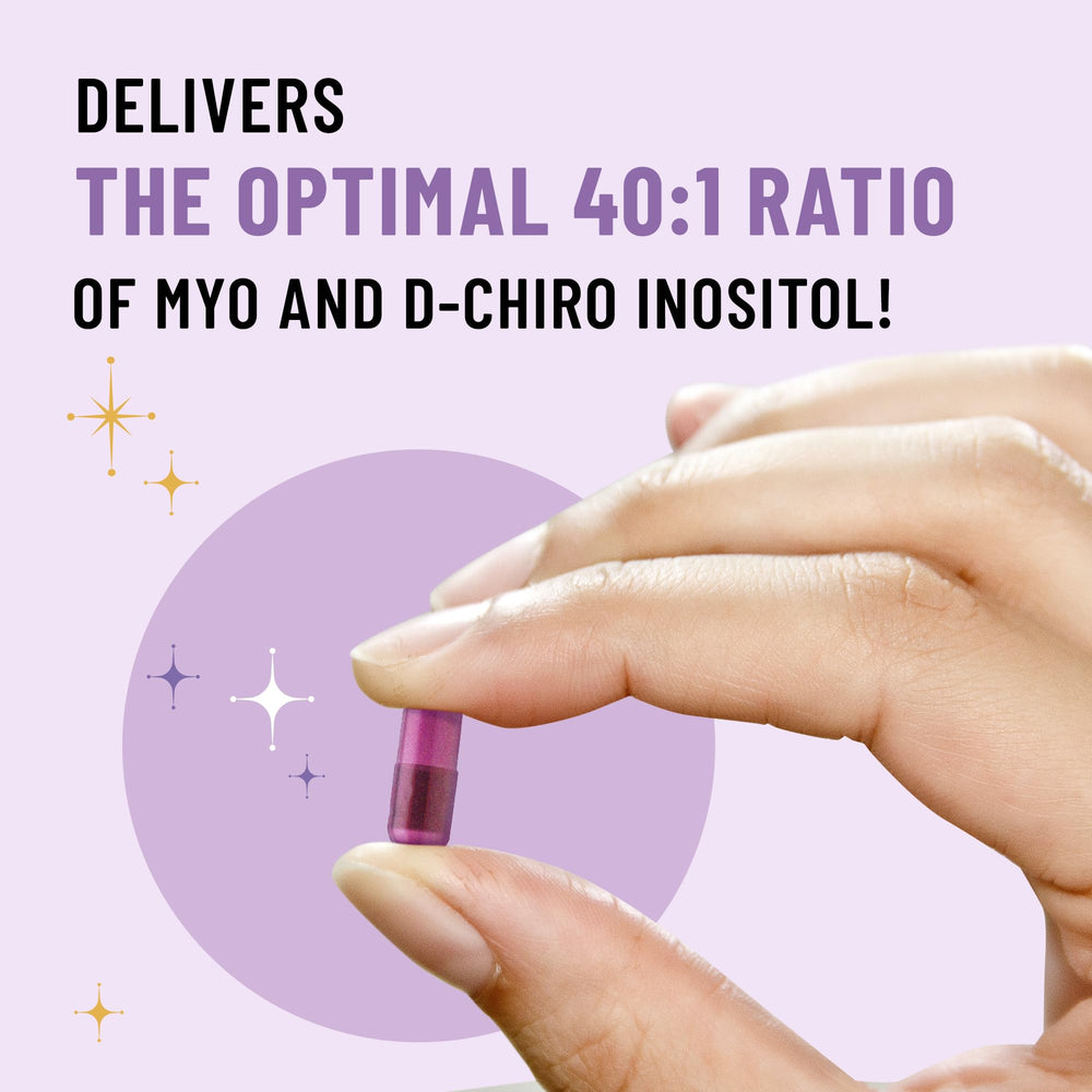 Graphic showing 40:1 Myo-Inositol to D-Chiro Inositol ratio for ovarian support.
