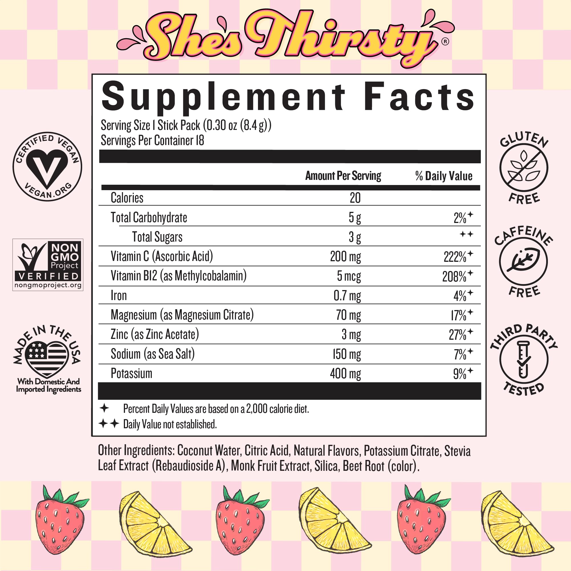 Pouring She’s Thirsty Strawberry Lemonade powder into water to boost hydration with coconut electrolytes