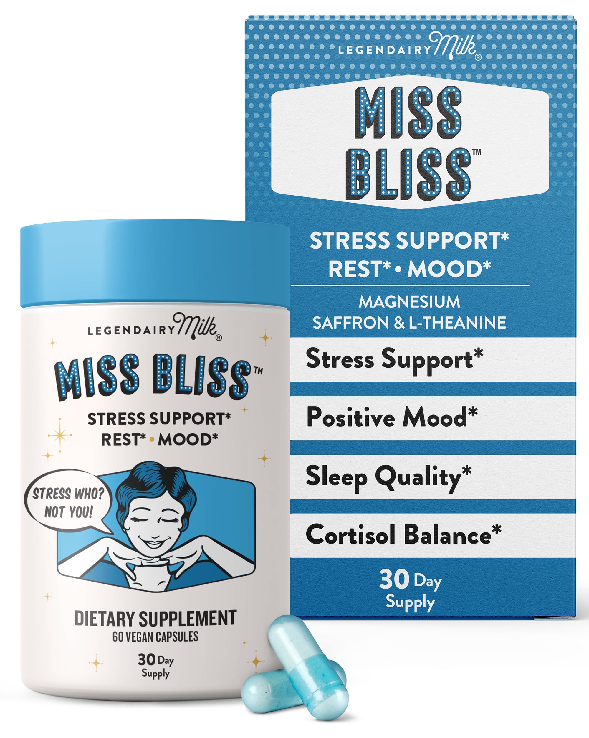 Legendairy Miss Bliss bottle front showing non-drowsy stress support for daily calm.