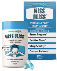 Legendairy Miss Bliss bottle front showing non-drowsy stress support for daily calm.