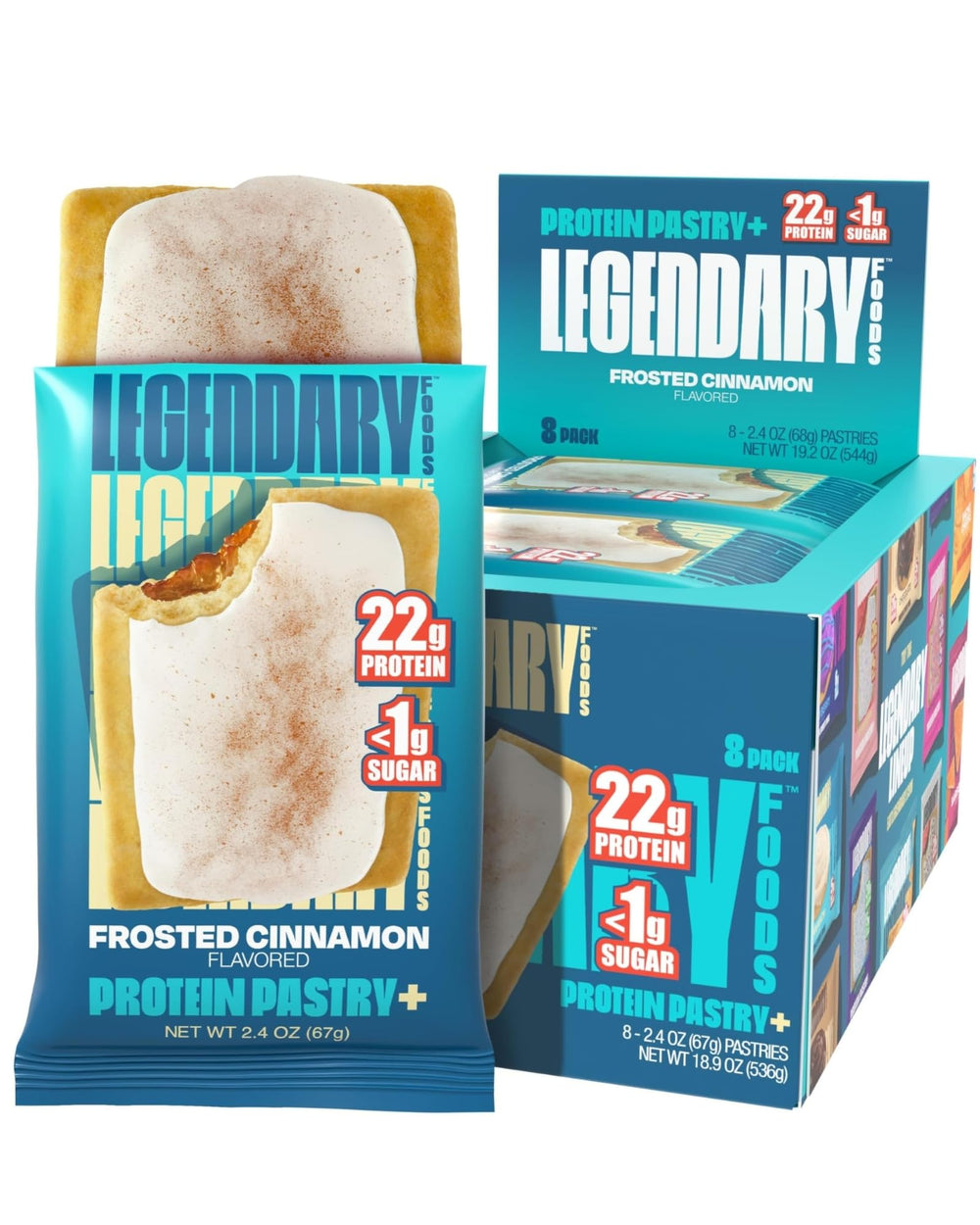 Legendary Foods 22g Protein Pastry Frosted Cinnamon packaging presents a gluten-conscious keto snack on the go