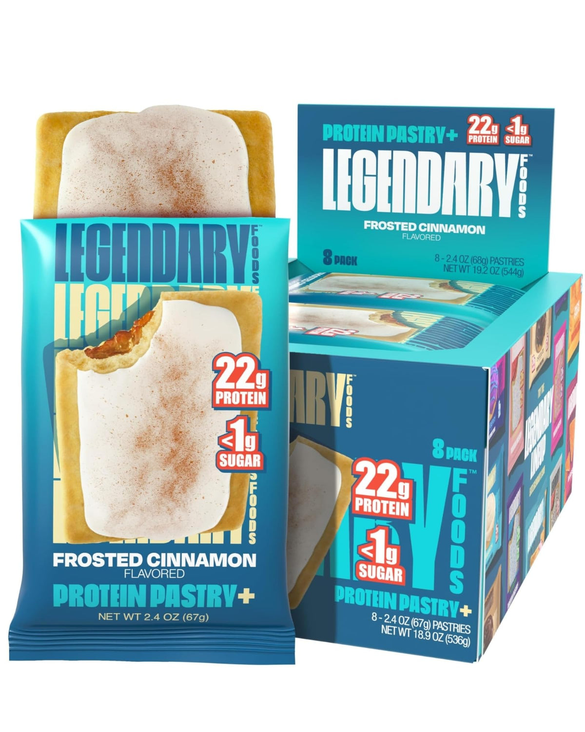 Legendary Foods 22g Protein Pastry Frosted Cinnamon packaging presents a gluten-conscious keto snack on the go