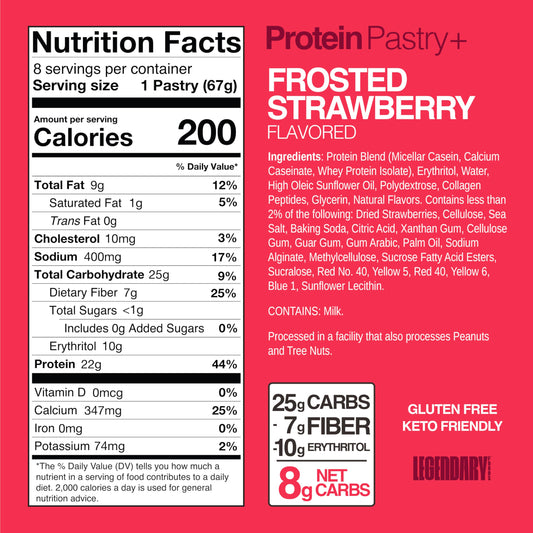 Legendary Foods 22g Protein Pastry Frosted Strawberry bar close-up showing creamy texture.