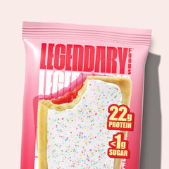 Ready-to-eat Legendary Foods 22g Protein Pastry near gym bag for workouts.